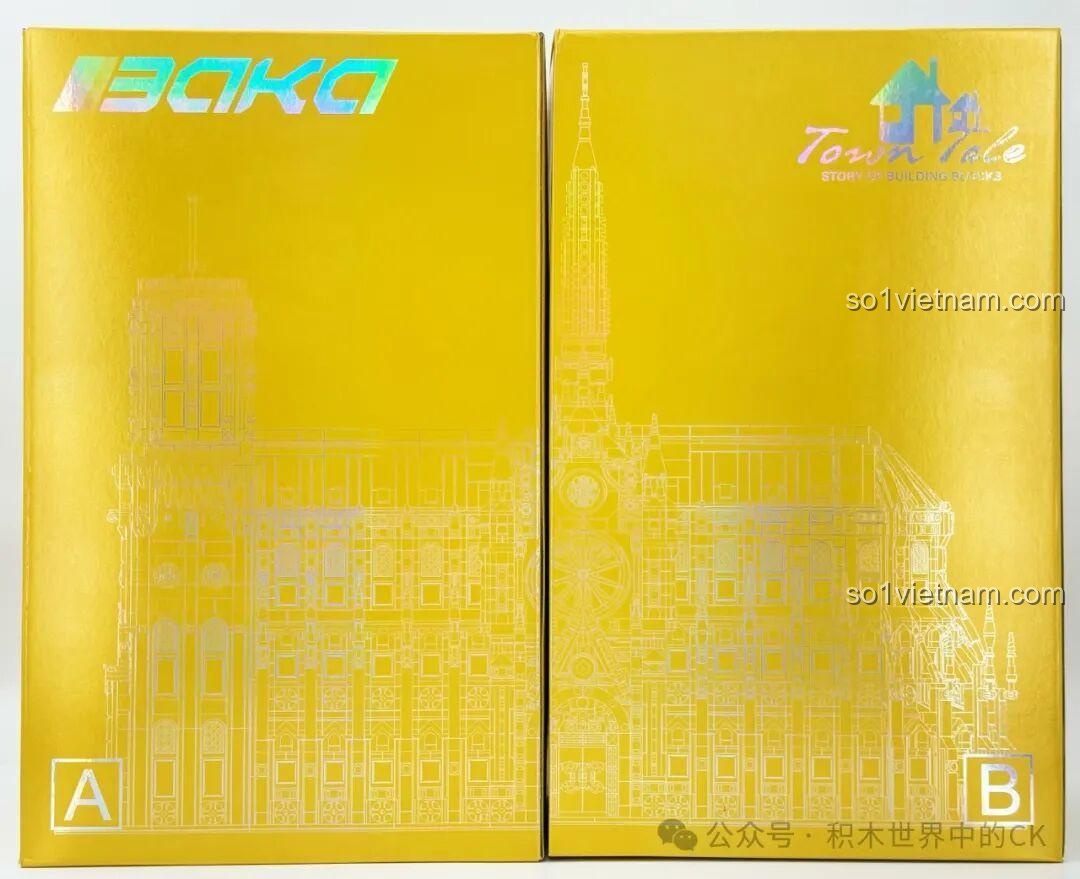 Hai hộp con A và B bên trong hộp lớn của bộ lắp ghép BAKA 33213 Nhà thờ Đức Bà Paris.