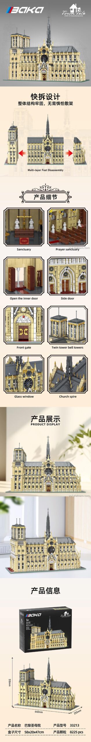 Thông số kỹ thuật mô hình Nhà thờ Đức Bà Paris BAKA 33213, đồ chơi mô hình kiến trúc với thiết kế tháo lắp nhanh, kích thước chi tiết