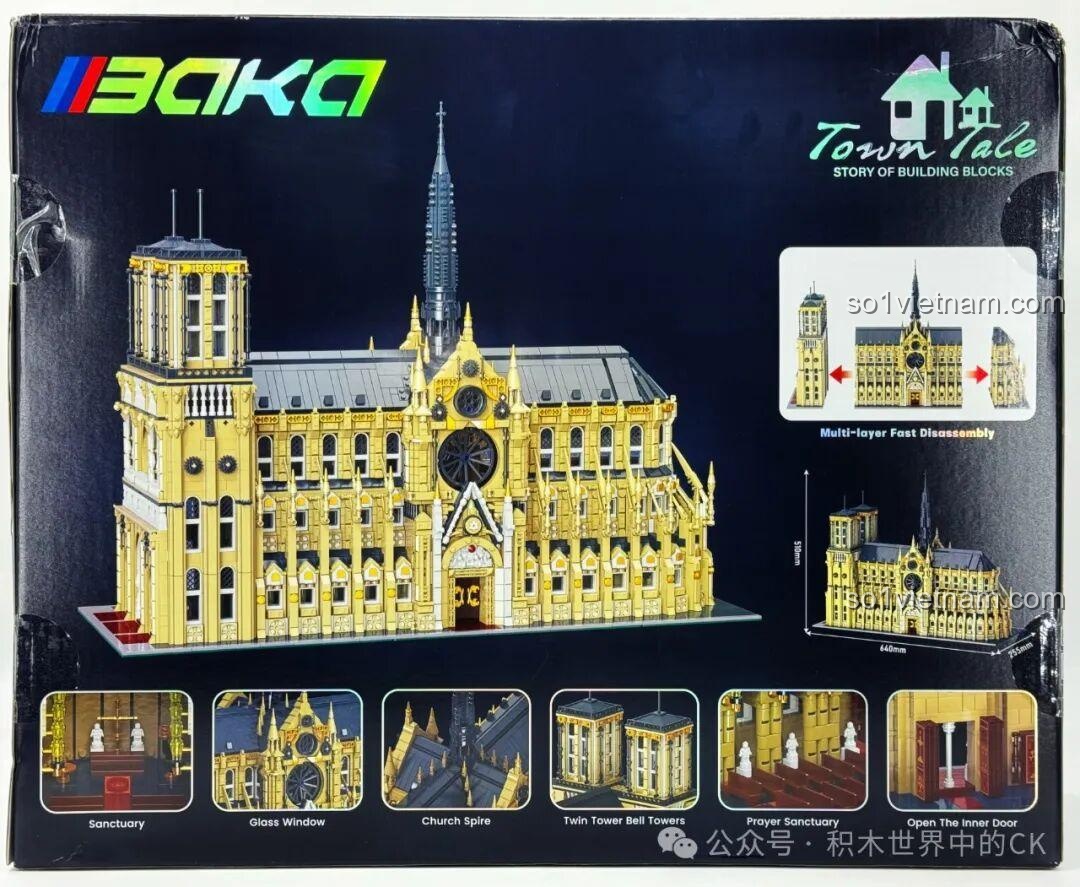 Cạnh hộp đồ chơi xây dựng Nhà thờ Đức Bà Paris BAKA 33213, thể hiện độ tuổi khuyến nghị 14+ và số chi tiết 8225
