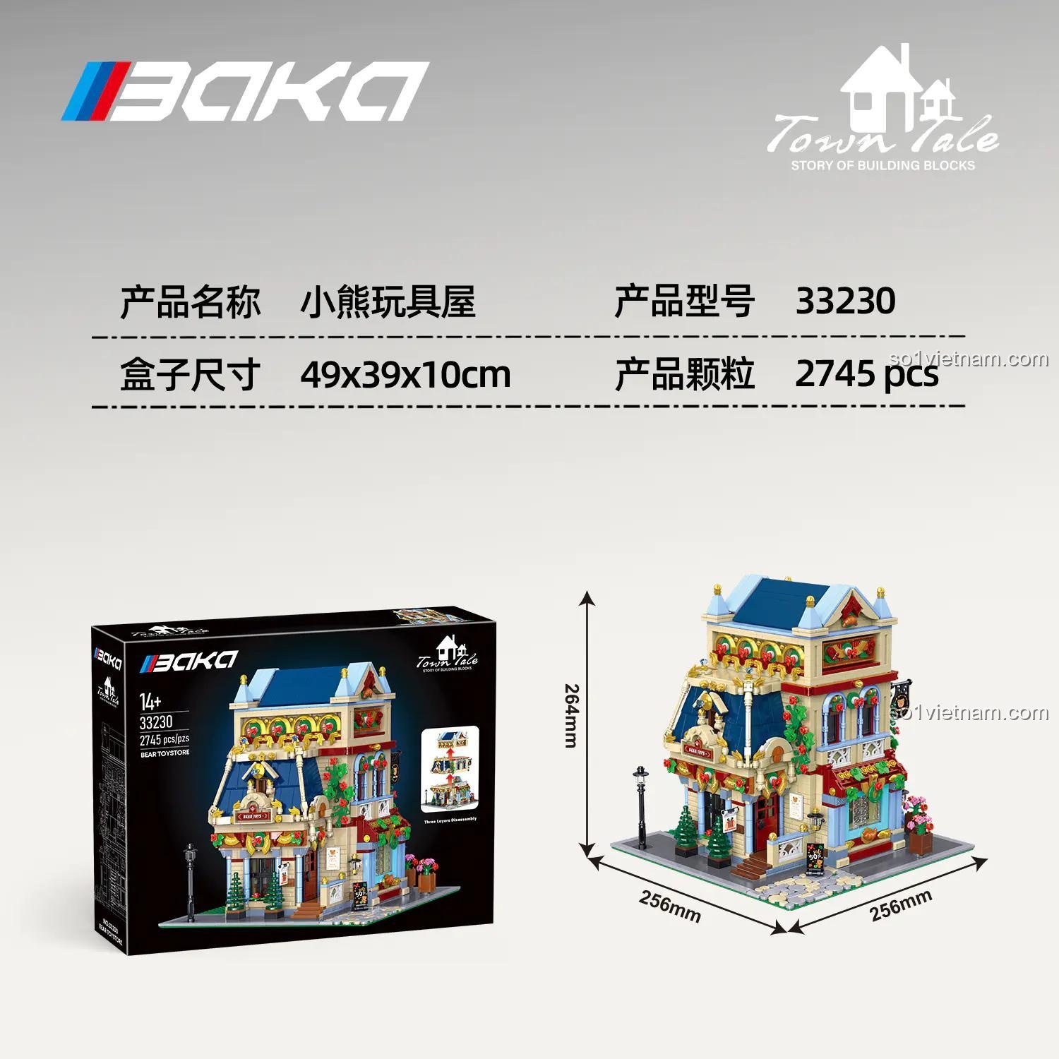 Kích thước mô hình Ngôi nhà đồ chơi gấu BAKA 33230, bộ lắp ghép cửa hàng đồ chơi, đồ chơi xây dựng cho bé 14 tuổi