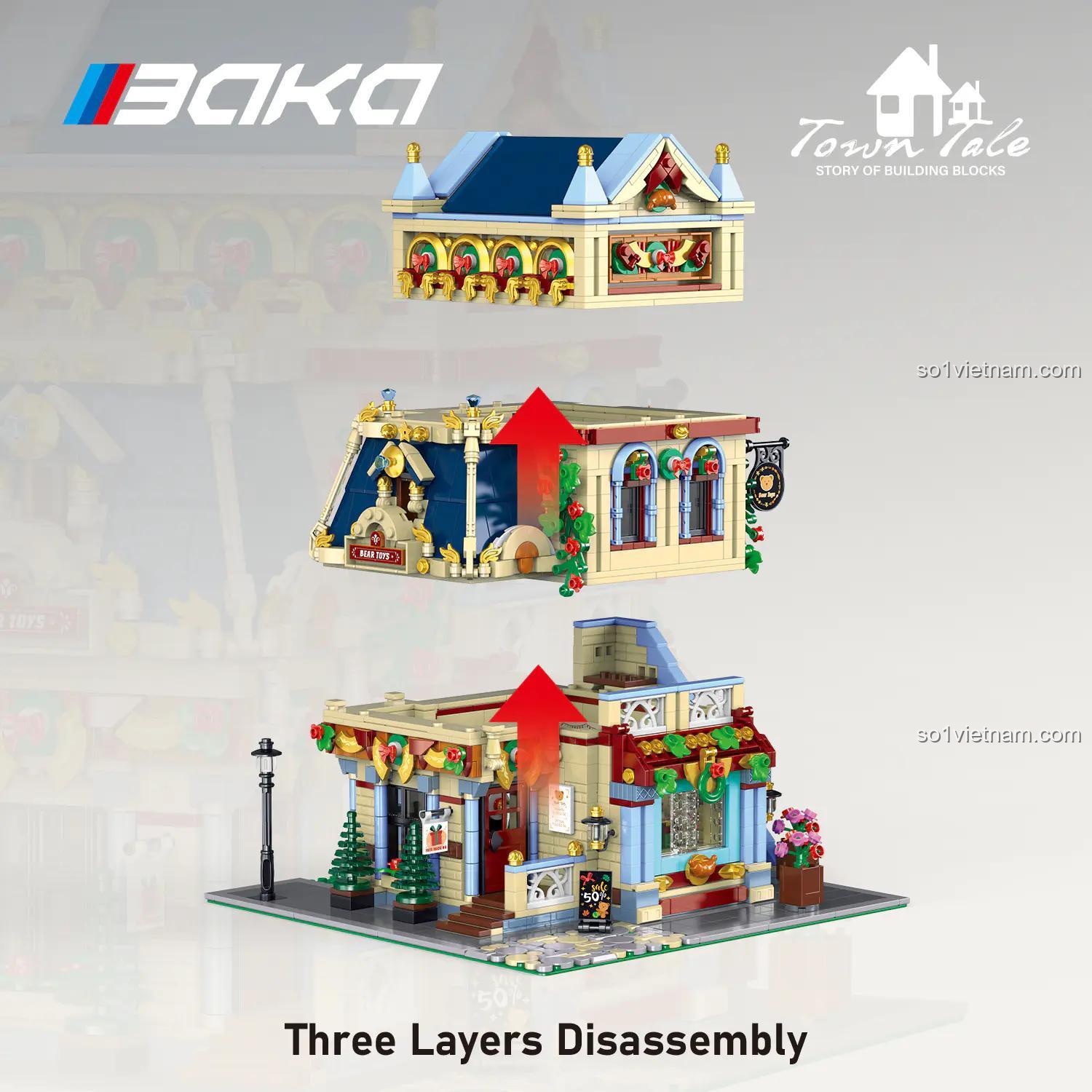 Mô hình Ngôi nhà đồ chơi gấu BAKA 33230, bộ lắp ghép cửa hàng đồ chơi, đồ chơi xây dựng cho bé 14 tuổi, các tầng