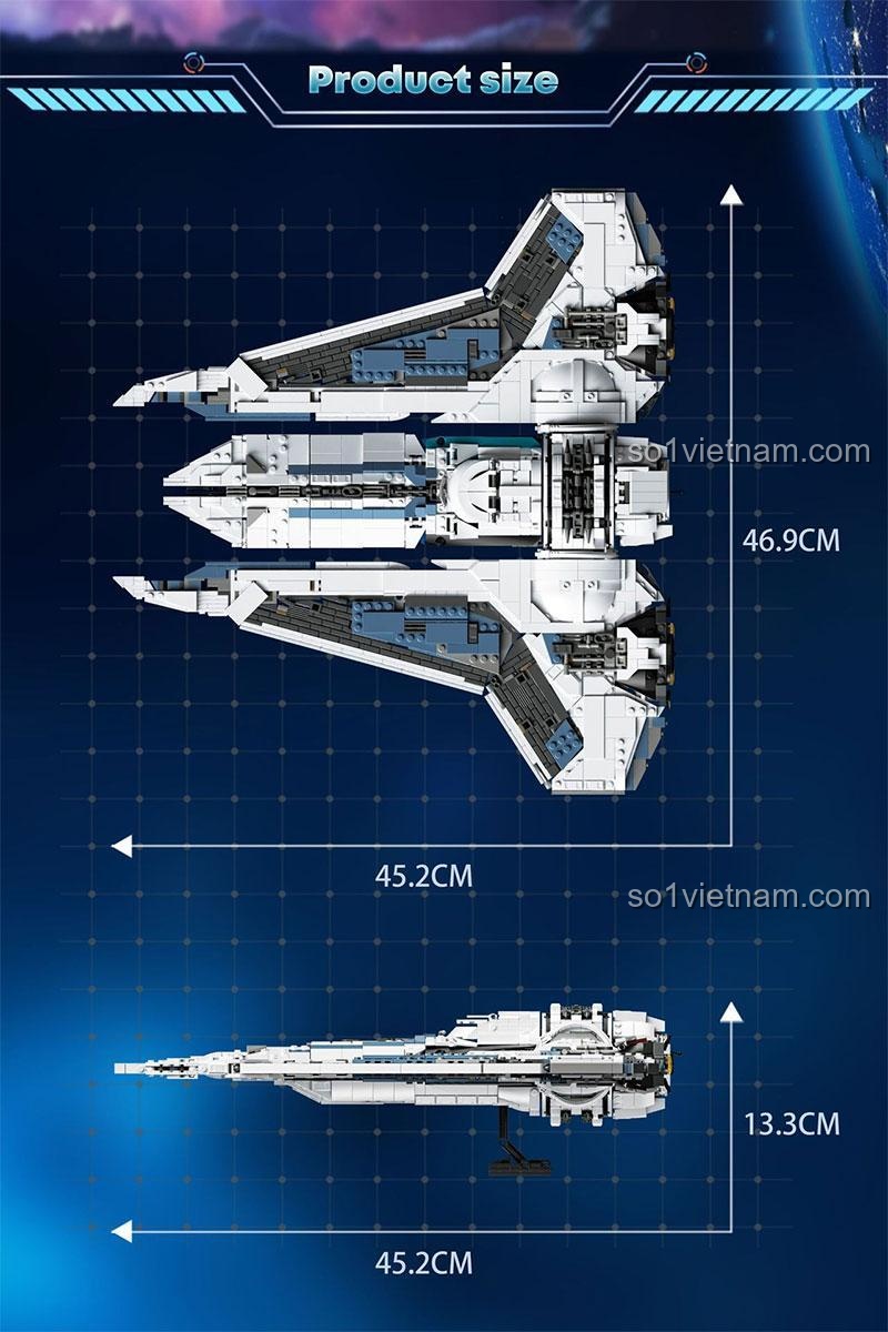 Kích thước chi tiết của mô hình Gauntlet Starfighter 33918: dài 45.2cm, rộng 46.9cm, cao 13.3cm.