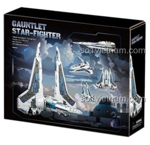 Mặt sau hộp bộ lắp ghép Baka Tech 33918 Tàu Chiến Đấu Gauntlet Starfighter, thể hiện các góc nhìn và tính năng biến hình.