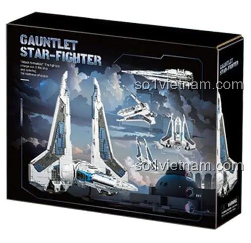Mặt sau hộp bộ lắp ghép Baka Tech 33918 Tàu Chiến Đấu Gauntlet Starfighter, thể hiện các góc nhìn và tính năng biến hình.