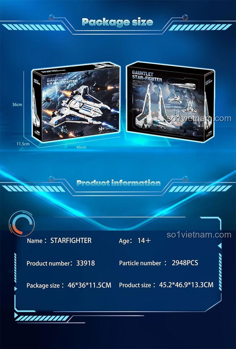 Thông tin sản phẩm và kích thước hộp bộ lắp ghép Baka Tech 33918, gồm 2948 mảnh, cho lứa tuổi 14+.