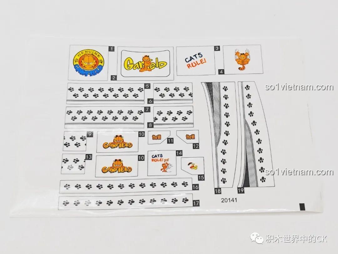 Tờ decal sticker trang trí cho bộ lắp ghép Xe mui trần của Garfield, tăng thêm độ chi tiết.