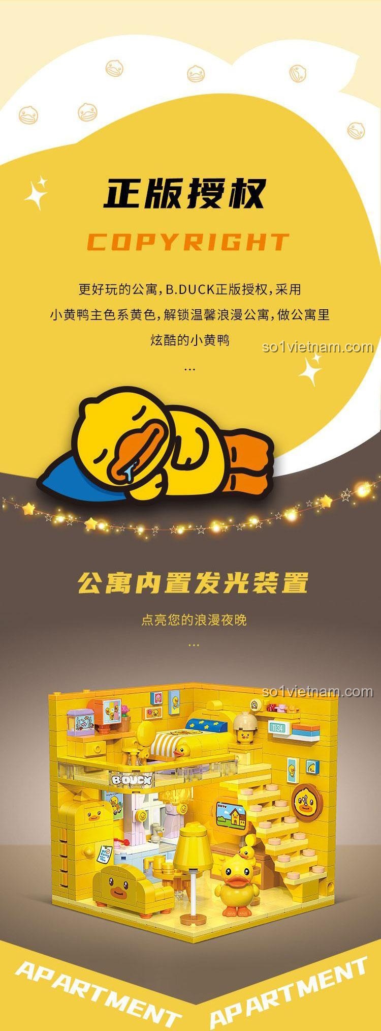 Chi tiết Căn hộ Vịt Vàng BALODY 21279, bộ lắp ghép đồ chơi mô hình, có đèn LED, cho bé gái 6 tuổi