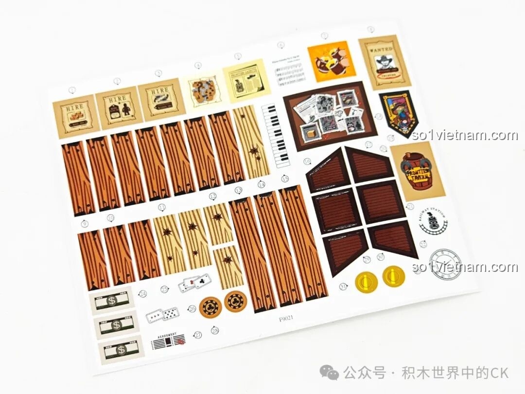 Bảng sticker đi kèm bộ FunWhole F9021 Saloon Miền Tây, với nhiều chi tiết trang trí.