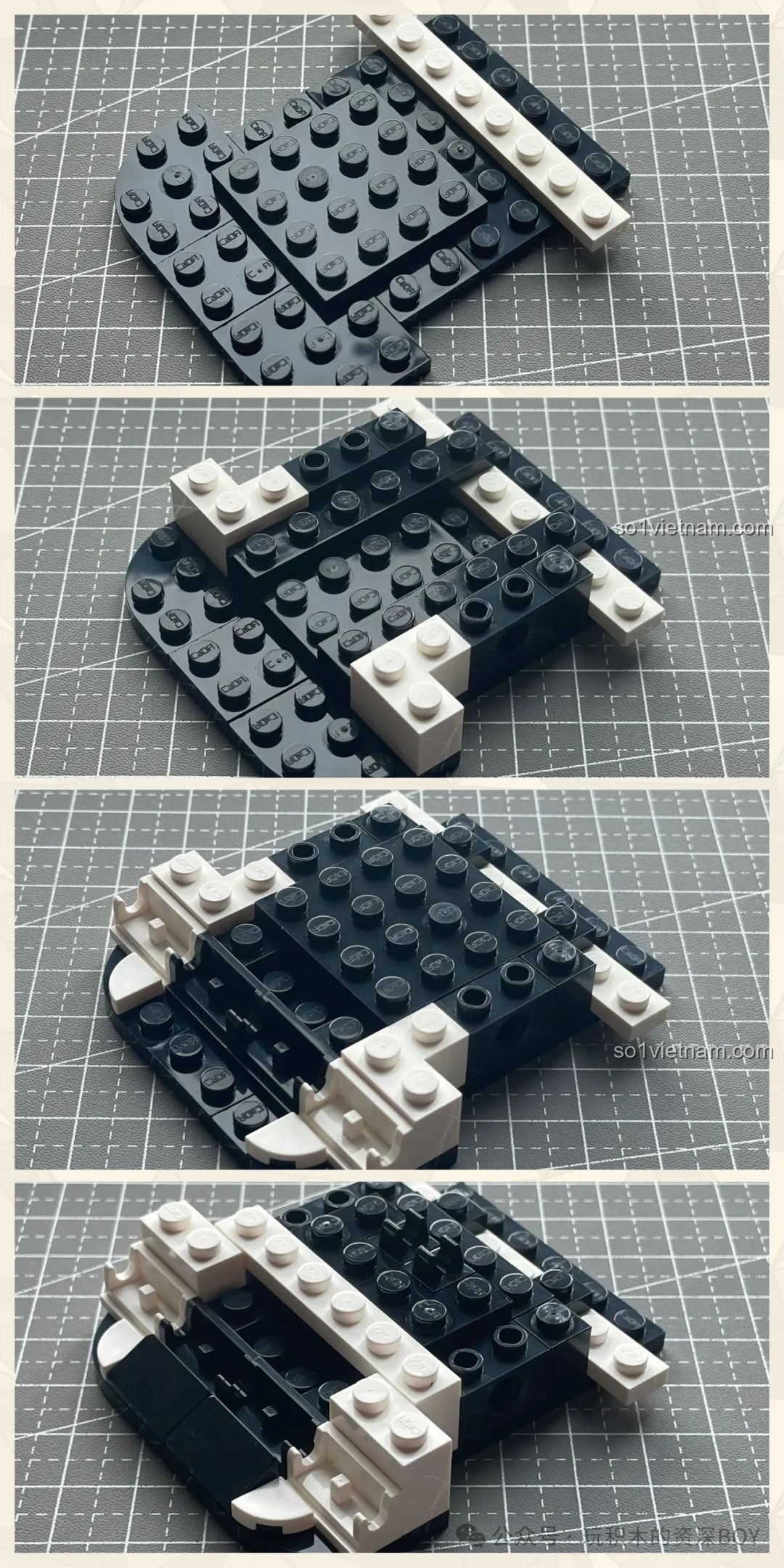 Quá trình lắp ráp phần khung gầm và mũi xe của bộ CaDA C55029 Mazda 787B, các mảnh ghép khớp chặt.