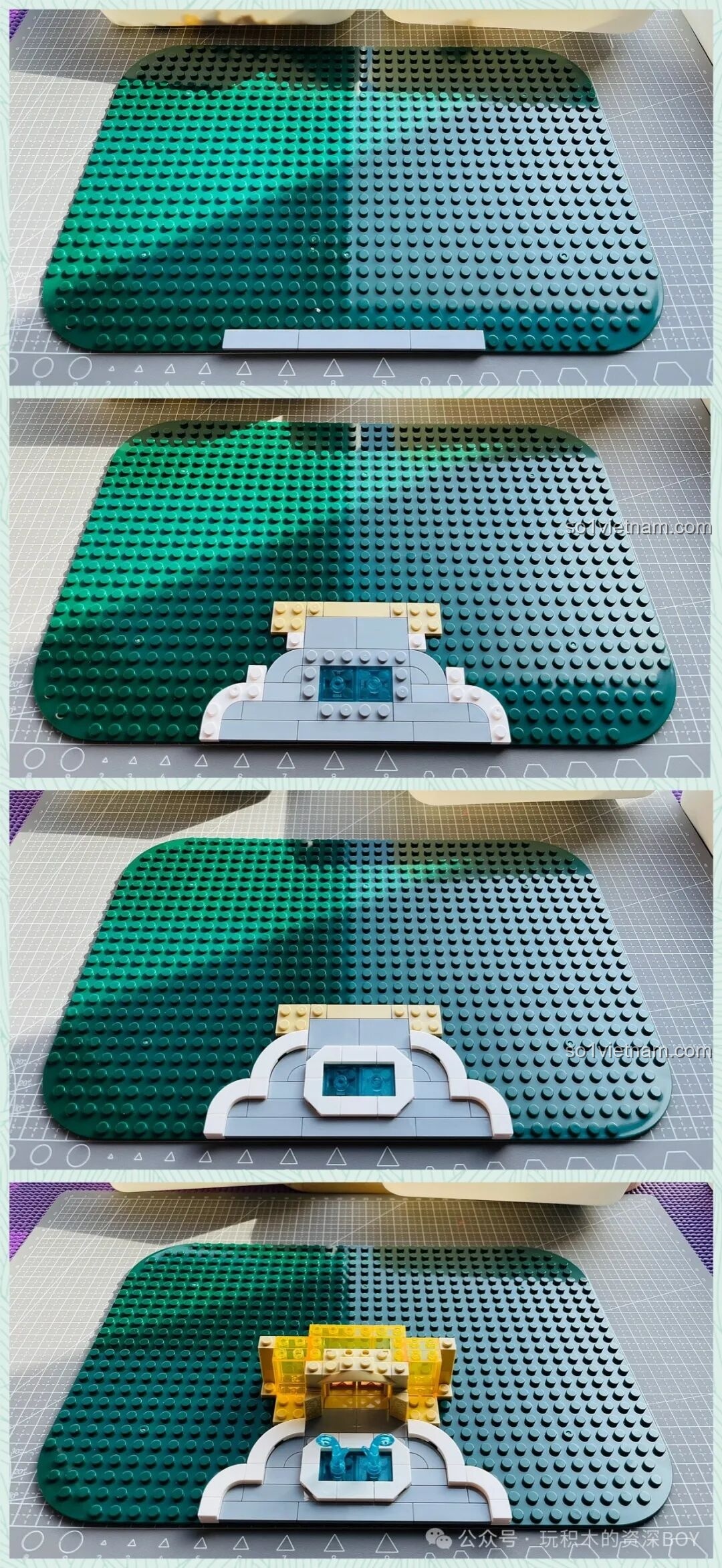 Quá trình bắt đầu lắp ráp Lâu Đài Hoa Rừng Femibox S2238, xây dựng nền móng trên tấm đế xanh lá cây.