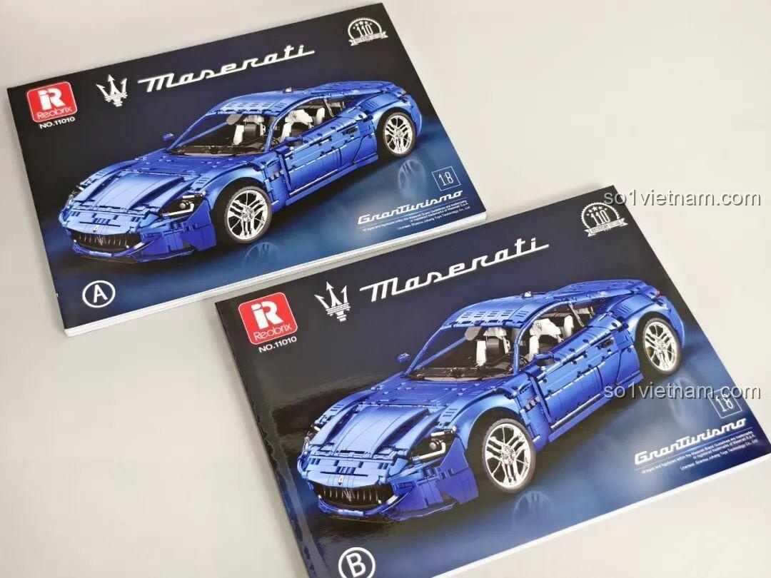 Bìa sách hướng dẫn lắp ráp Reobrix 11010 Maserati GranTurismo với hình ảnh mô hình hoàn chỉnh.
