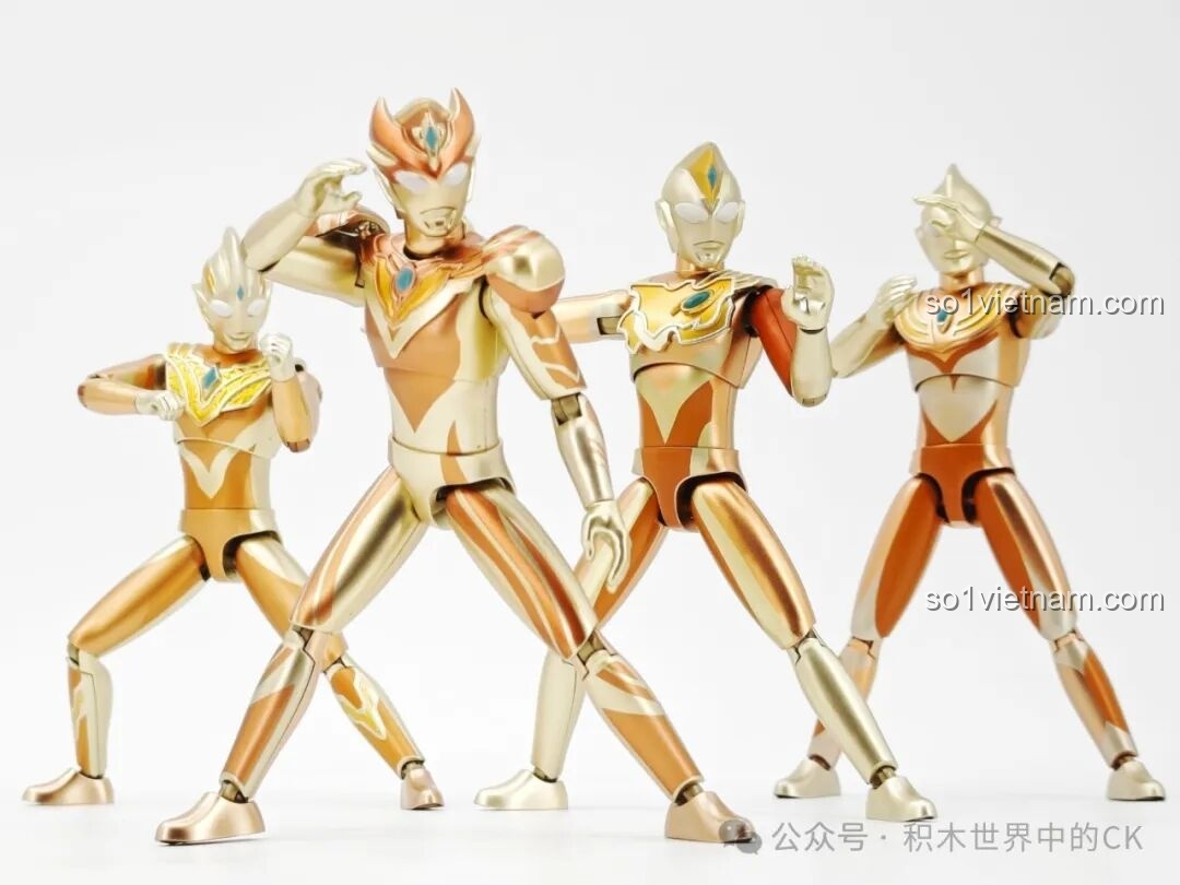 Biệt đội 4 figure Ultraman phiên bản vàng Keeppley 75241 tạo dáng chiến đấu cùng nhau, một bộ sưu tập ấn tượng.