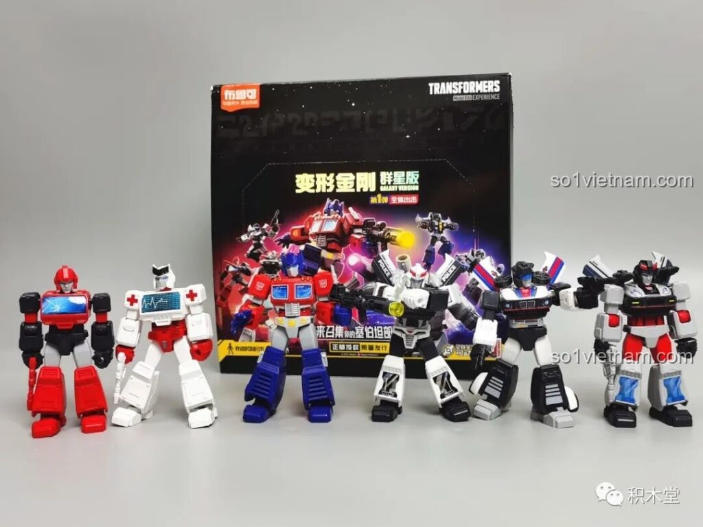 Dàn nhân vật phe Autobot từ bộ sưu tập BLOKEES 71100 Transformers G1, bao gồm Optimus Prime, Ratchet, Ironhide, Prowl, Jazz.