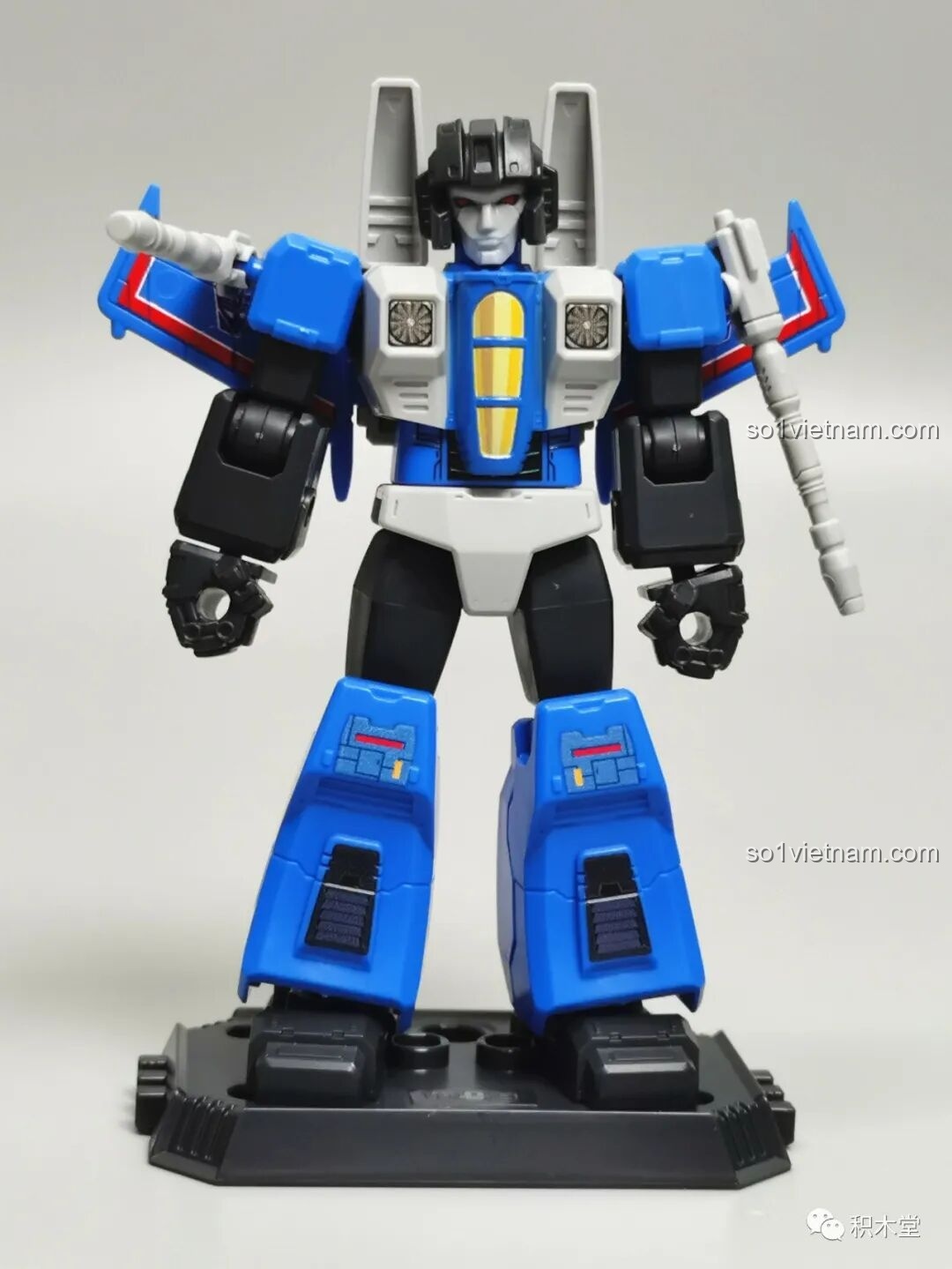 Figure Thundercracker từ bộ BLOKEES 71100, phiên bản đổi màu của Skywarp với tông xanh dương và trắng đặc trưng.