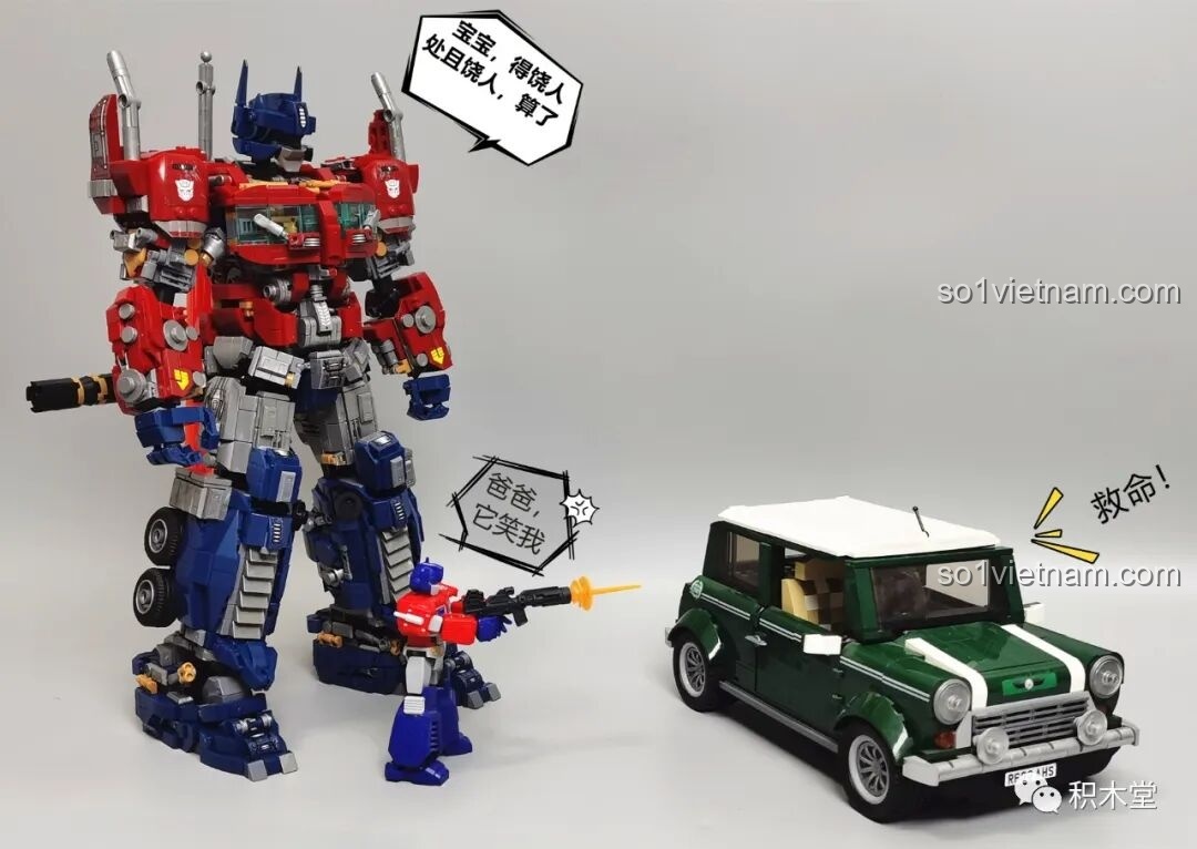 Câu chuyện vui: Optimus Prime nhỏ gọi phiên bản lớn đến để xử lý chiếc xe Mini Cooper.