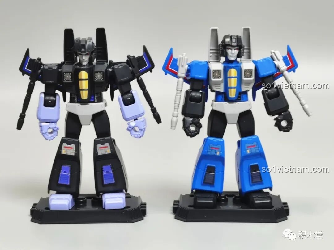 Hai figure Skywarp và Thundercracker từ bộ BLOKEES 71100 đứng cạnh nhau, cho thấy sự khác biệt về màu sắc trên cùng một khuôn mẫu.