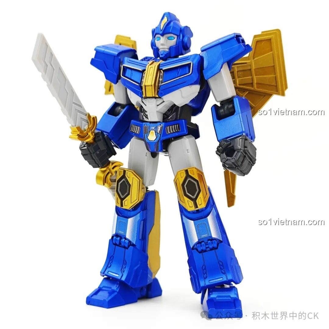 Mô hình figure Sentinel Prime từ bộ Blokees 71105 với màu xanh và vàng vương giả, cầm kiếm.