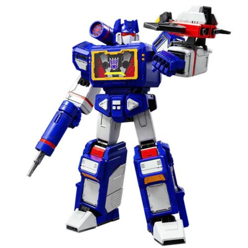 Ảnh chụp chính diện đồ chơi mô hình Soundwave BLOKEES 71172, một robot Decepticon màu xanh dương và trắng, dành cho con trai 14 tuổi.