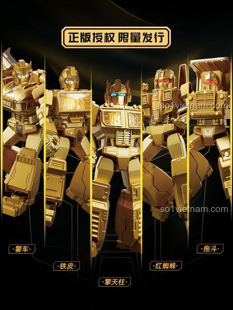 Các nhân vật Transformers vàng kim: Prowler, Ironhide, Optimus Prime, Starscream, Hoist trong bộ lắp ghép BLOKEES 71191, đồ chơi mô hình Robot biến hình