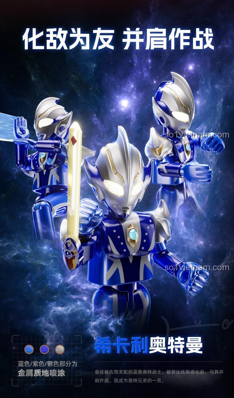 Cận cảnh figure Ultraman Mebius BLOKEES 71226 với lớp sơn kim loại đỏ bạc cao cấp, chi tiết sắc nét.