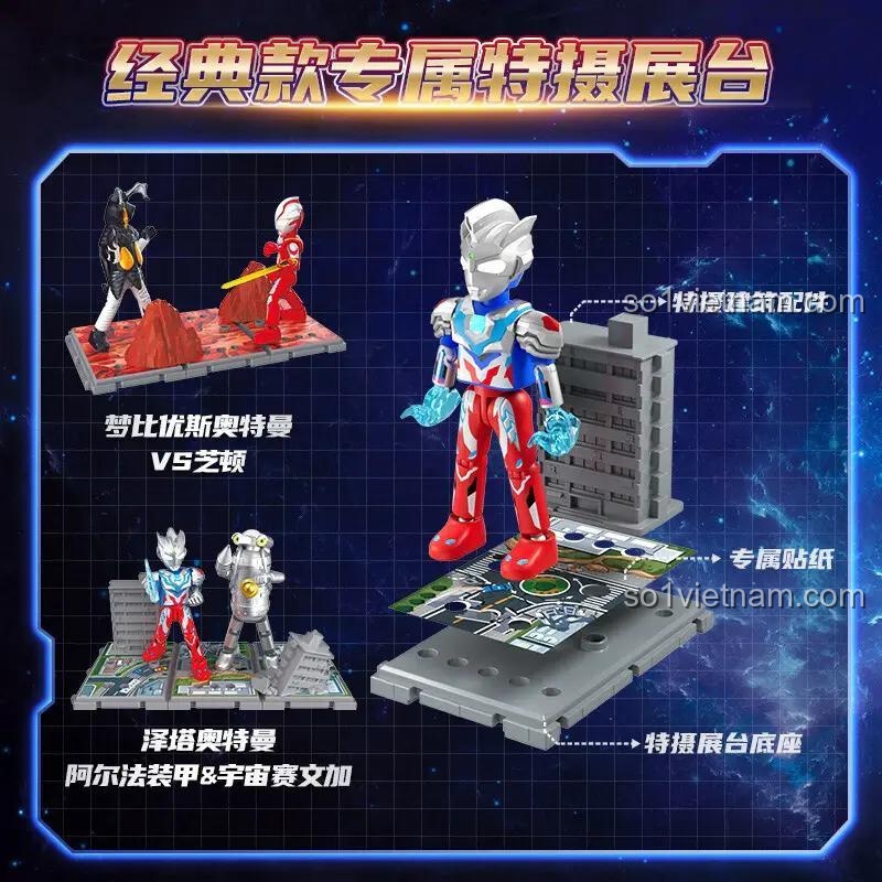 Mô hình Ultraman Z Alpha Armor và Space Sevenger trên bệ trưng bày với phụ kiện
