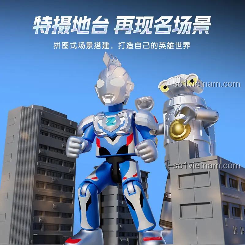 Minifigure Ultraman Z trên đế trưng bày đặc biệt cùng tòa nhà, bộ đồ chơi BLOKEES 73003, phát triển trí tưởng tượng