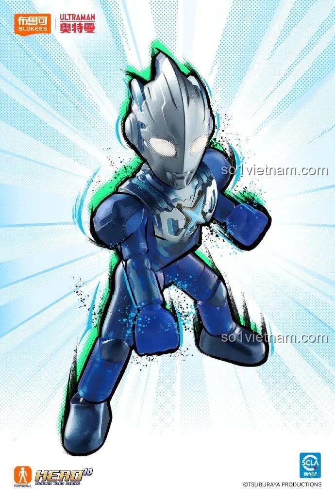 Figure Ultraman X màu xanh dương và xám trong bộ sưu tập BLOKEES 73307, một siêu anh hùng được nhiều bé trai yêu thích.