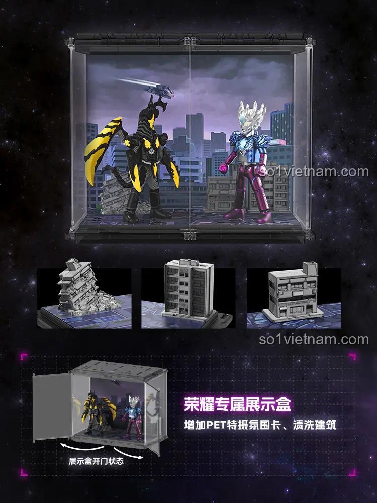 Mô hình BLOKEES 73405 Ultraman Saga và Super Zetton trong hộp trưng bày, kèm các tòa nhà hiệu ứng, đồ chơi mô hình giá tốt.