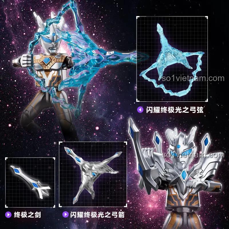 Phụ kiện của Ultraman Zero trong bộ đồ chơi lắp ghép: kiếm, cung ánh sáng xanh, màu bạc, xanh dương, độ tuổi 9+