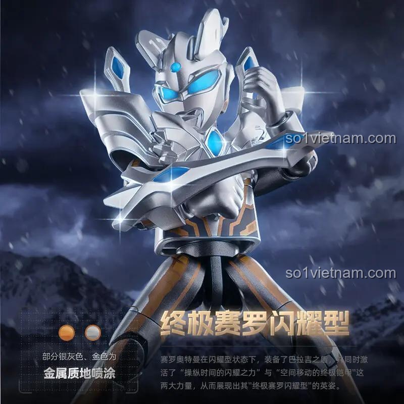Chi tiết nhân vật Ultraman Zero trong bộ đồ chơi lắp ghép, màu bạc, vàng, xanh dương, đen, trắng, thiết kế kim loại, độ tuổi 9+