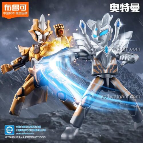 Bộ đồ chơi lắp ghép Ultraman Zero & Tartarus - Phiên bản Vinh Quang, Ultraman Zero và Tartarus chiến đấu, hiệu ứng ánh sáng xanh, màu bạc, vàng, xanh dương, đen, trắng, độ tuổi 9+