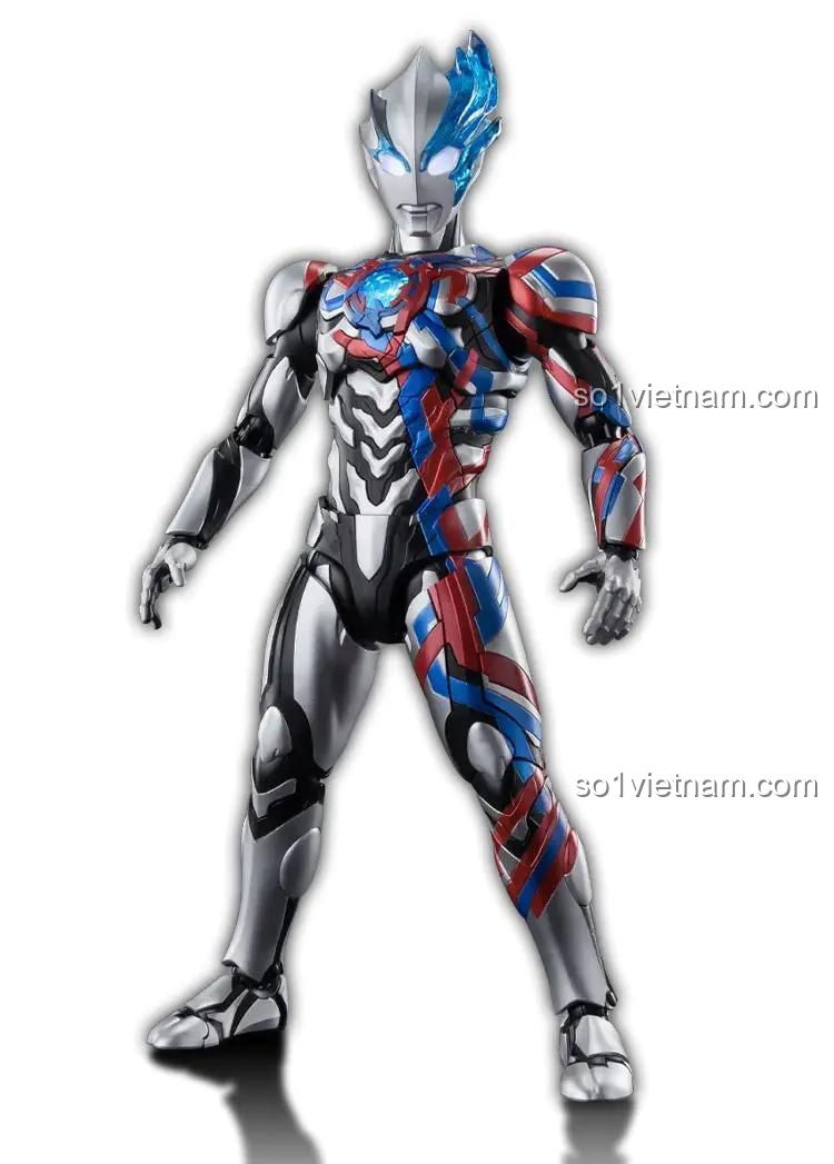 Mô hình布鲁可超动积木人传奇版 布莱泽奥特曼 法多兰装甲 nhìn từ phía sau, có đèn LED, màu đỏ, xanh dương, trắng, bạc, cho bé 14 tuổi