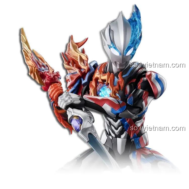 Mô hình布鲁可超动积木人传奇版 布莱泽奥特曼 法多兰装甲 cầm vũ khí, có đèn LED, màu đỏ, xanh dương, trắng, bạc, cho bé 14 tuổi