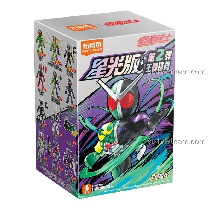 Hộp sản phẩm bộ đồ chơi Giả Diện Hiệp Sĩ Tinh Quang Bản Đợt 2 - Vương Bài Đội của hãng 布鲁可BLOKEES, mã số 74302, với hình ảnh Giả Diện Hiệp Sĩ cưỡi mô tô, phù hợp cho bé trai 10 tuổi.