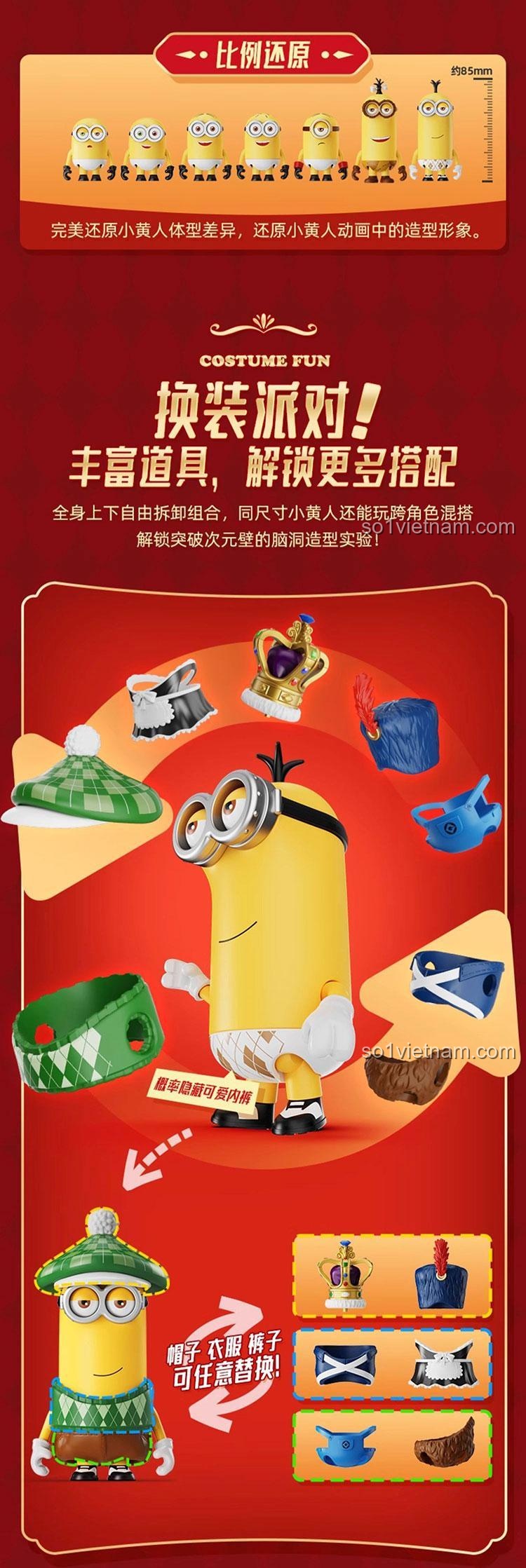 Kích thước thực tế của figure Minions King Bob hộp mù BLOKEES, cao khoảng 8.5cm, đồ chơi nhân vật phù hợp cho bé 9 tuổi.