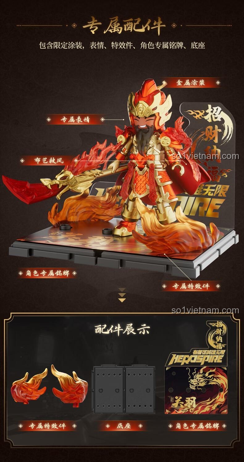 Chi tiết các phụ kiện của bộ lắp ghép Quan Công 85047. Bao gồm biểu cảm, áo choàng vải, bảng tên, hiệu ứng đặc biệt và đế trưng bày.