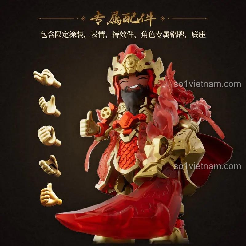 Hình ảnh các phụ kiện đi kèm của Thánh Giáp Quan Vũ Blokees. Bộ sản phẩm bao gồm nhiều dáng bàn tay thay thế để tạo các tư thế khác nhau, tăng tính sáng tạo khi chơi.