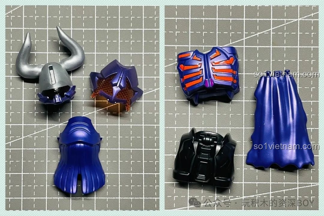 Chi tiết các mảnh giáp và phụ kiện của Kamen Rider Buffa Zombie Form BLOKEES 74201, với sừng và áo choàng đặc trưng.