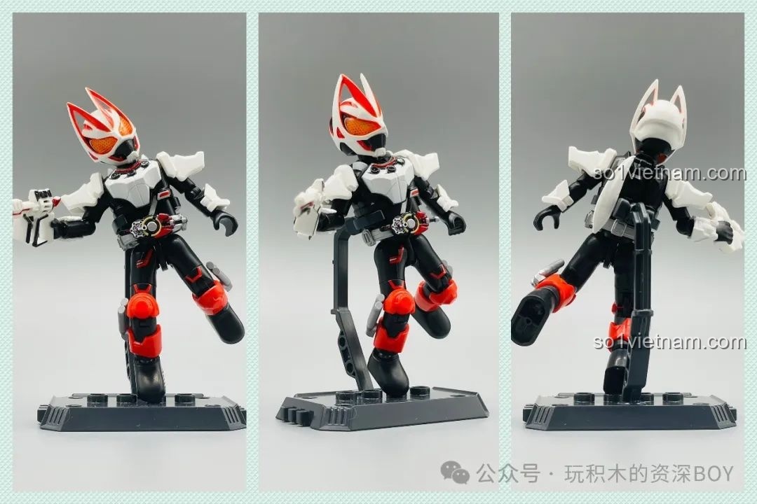 Mô hình Kamen Rider Geats Boost Form Mark II BLOKEES 74201 đã hoàn thiện, đứng trên đế trưng bày với tư thế năng động.