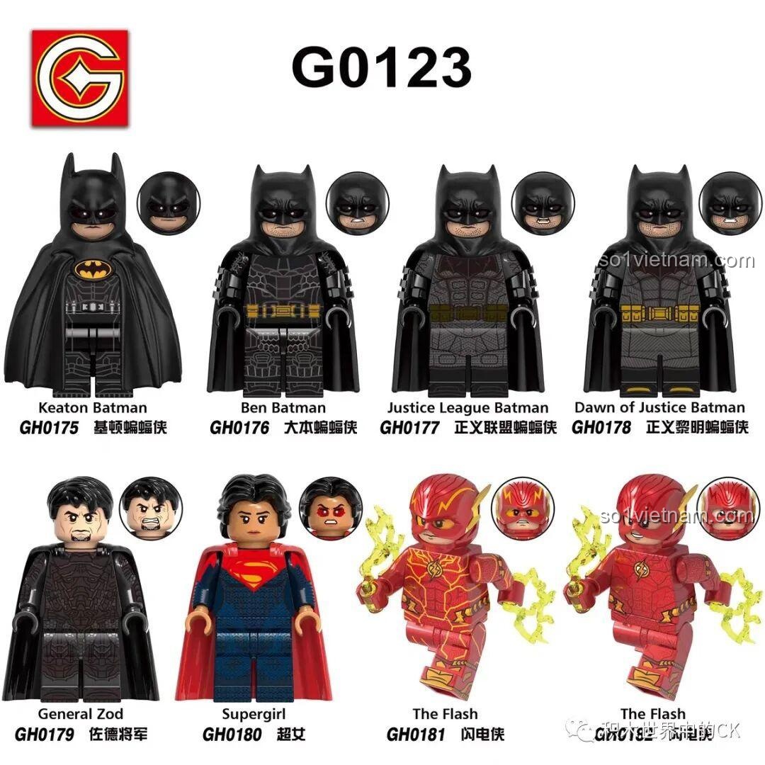 Toàn cảnh bộ 8 nhân vật DC Comics G牌 G0123 với Batman, Flash, Superman, Zod, Supergirl