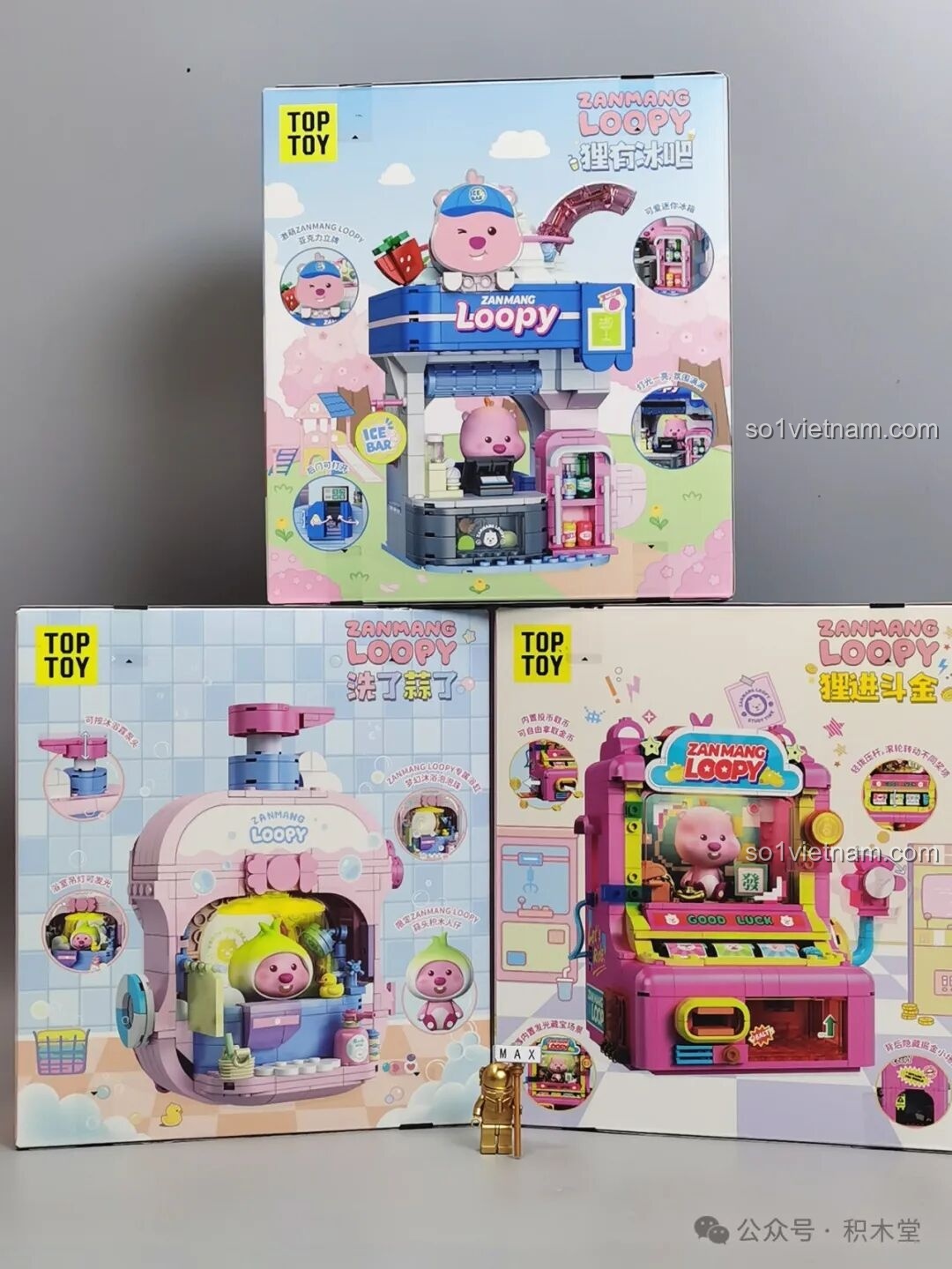 Hình ảnh ba hộp đồ chơi xếp hình TOP TOY Loopy được đặt cạnh nhau, thể hiện sự đa dạng của series.