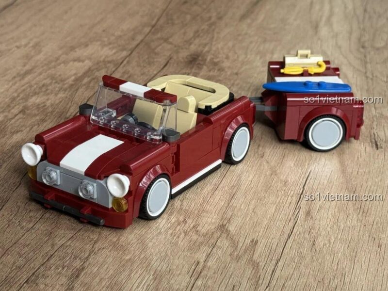 Mô hình BMW MINI Cooper mui trần và rơ-moóc hoàn thiện từ bộ lắp ghép JD077, nhìn từ phía trước, sau, bên và trên cao