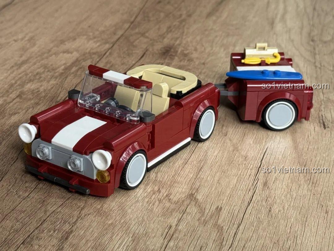 Mô hình BMW MINI Cooper mui trần và rơ-moóc hoàn thiện từ bộ lắp ghép JD077, nhìn từ phía trước, sau, bên và trên cao