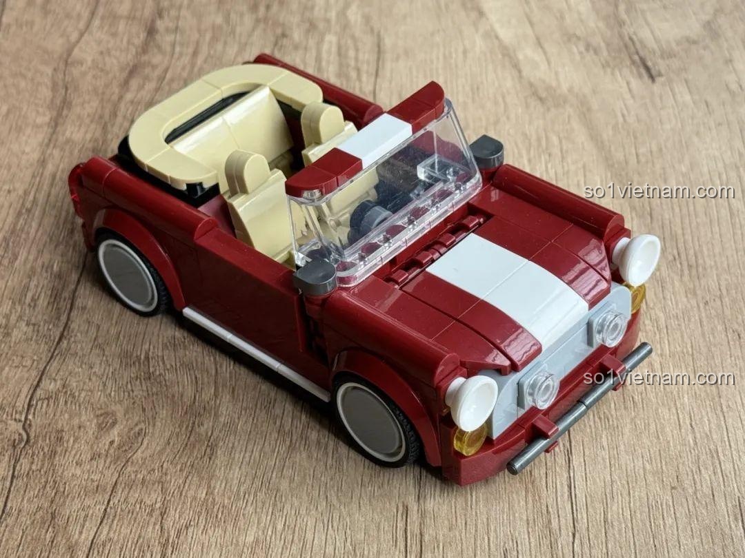 Mô hình BMW MINI Cooper mui trần và rơ-moóc hoàn thiện từ bộ lắp ghép JD077, nhìn từ phía trước, bên và trên cao