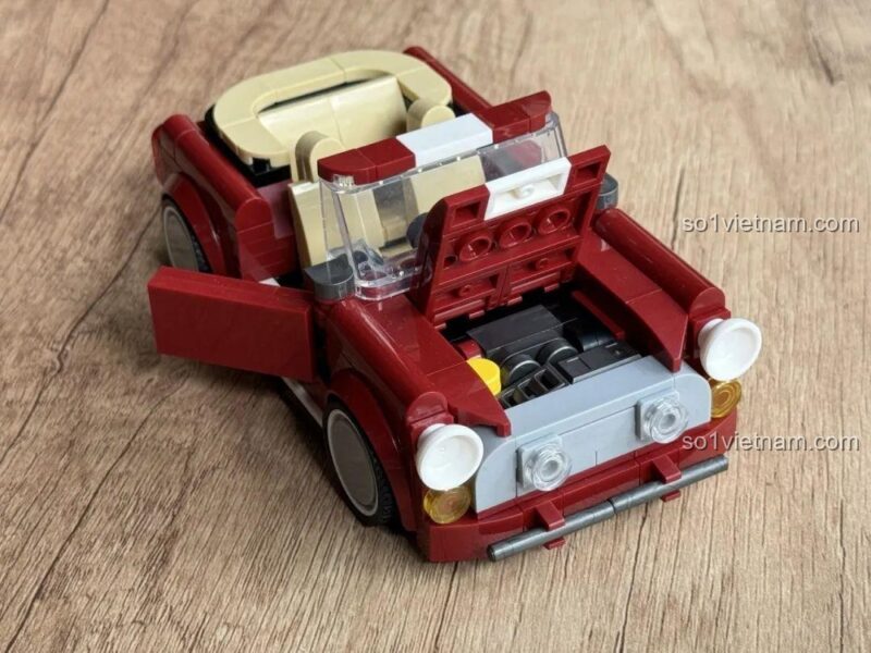 Mô hình BMW MINI Cooper mui trần hoàn thiện từ bộ lắp ghép JD077, nhìn từ phía trước và trên cao