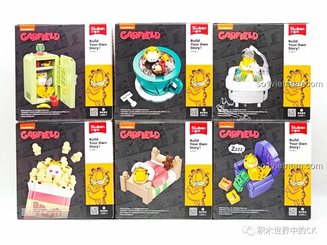 Mặt sau hộp bộ lắp ghép Garfield Sluban với các thông tin sản phẩm