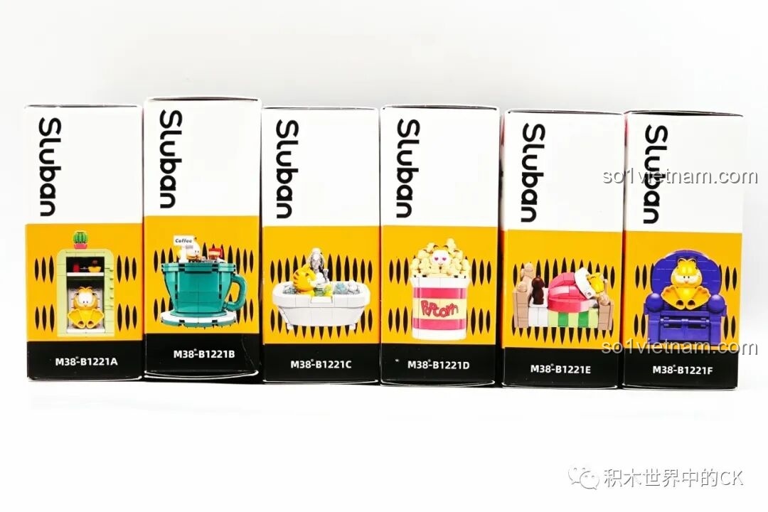 6 mẫu Garfield Sluban được xếp theo hàng dọc trên hộp