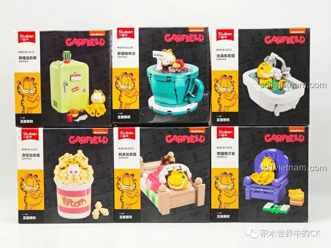 6 mẫu Garfield khác nhau được trưng bày trên hộp đựng