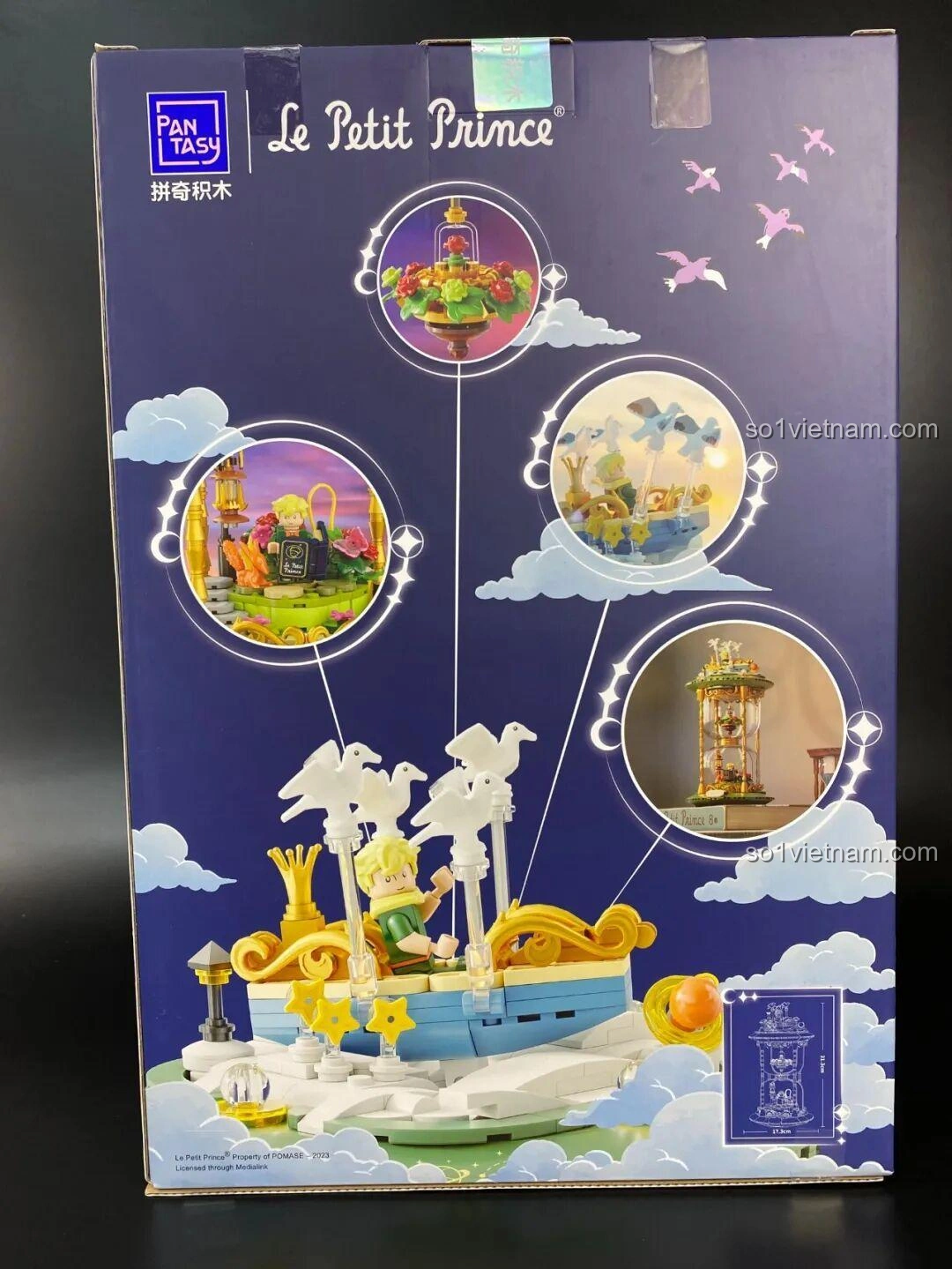 Mặt sau hộp bộ lắp ghép Hoàng tử bé Pantasy Đồng Hồ Cát 86301, hiển thị các chi tiết nổi bật của mô hình.