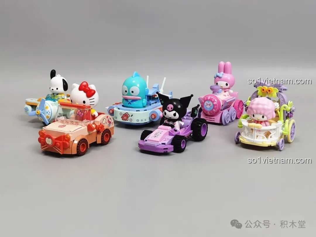 Bộ sưu tập 6 chiếc xe lắp ghép Sanrio Characters TC1724 từ TOP TOY với Hello Kitty, Kuromi, My Melody, Pochacco, My Sweet Piano và Hangyodon.